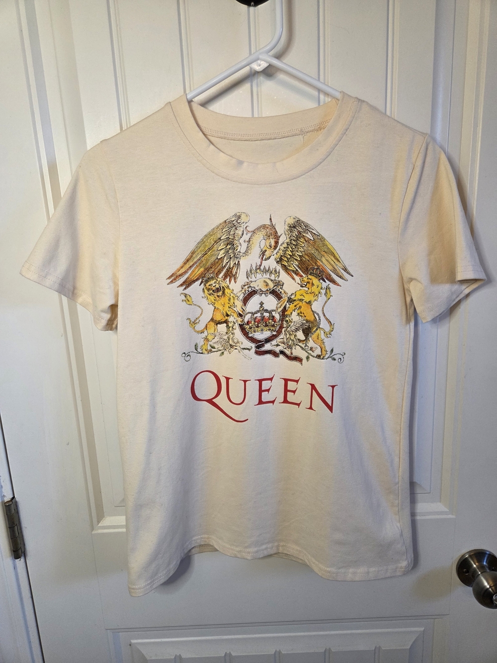 Cream QUEEN Shirt With Eagle, Lion, Crab, Crown And Fairy Emblem Print